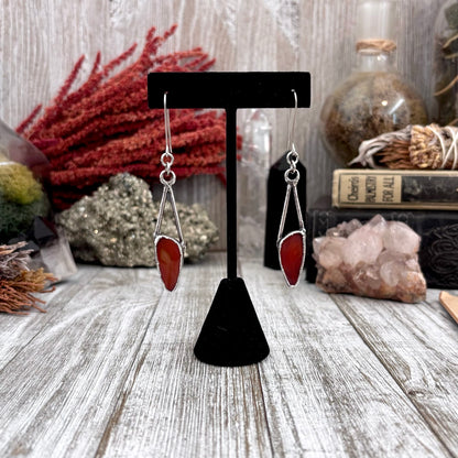 Red Agate Fine Silver Crystal Drop Earrings / Long Dangle Witchy Earrings