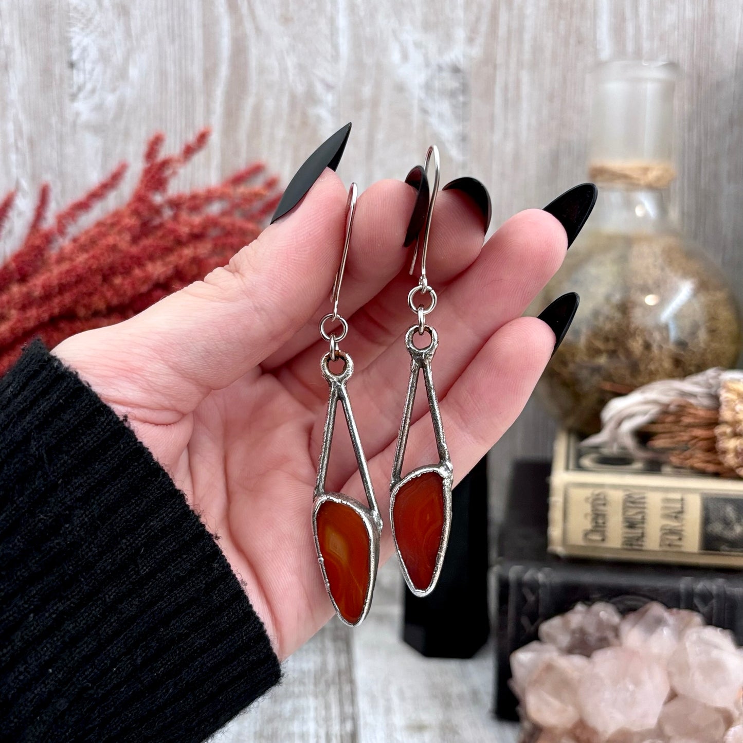 Red Agate Fine Silver Crystal Drop Earrings / Long Dangle Witchy Earrings