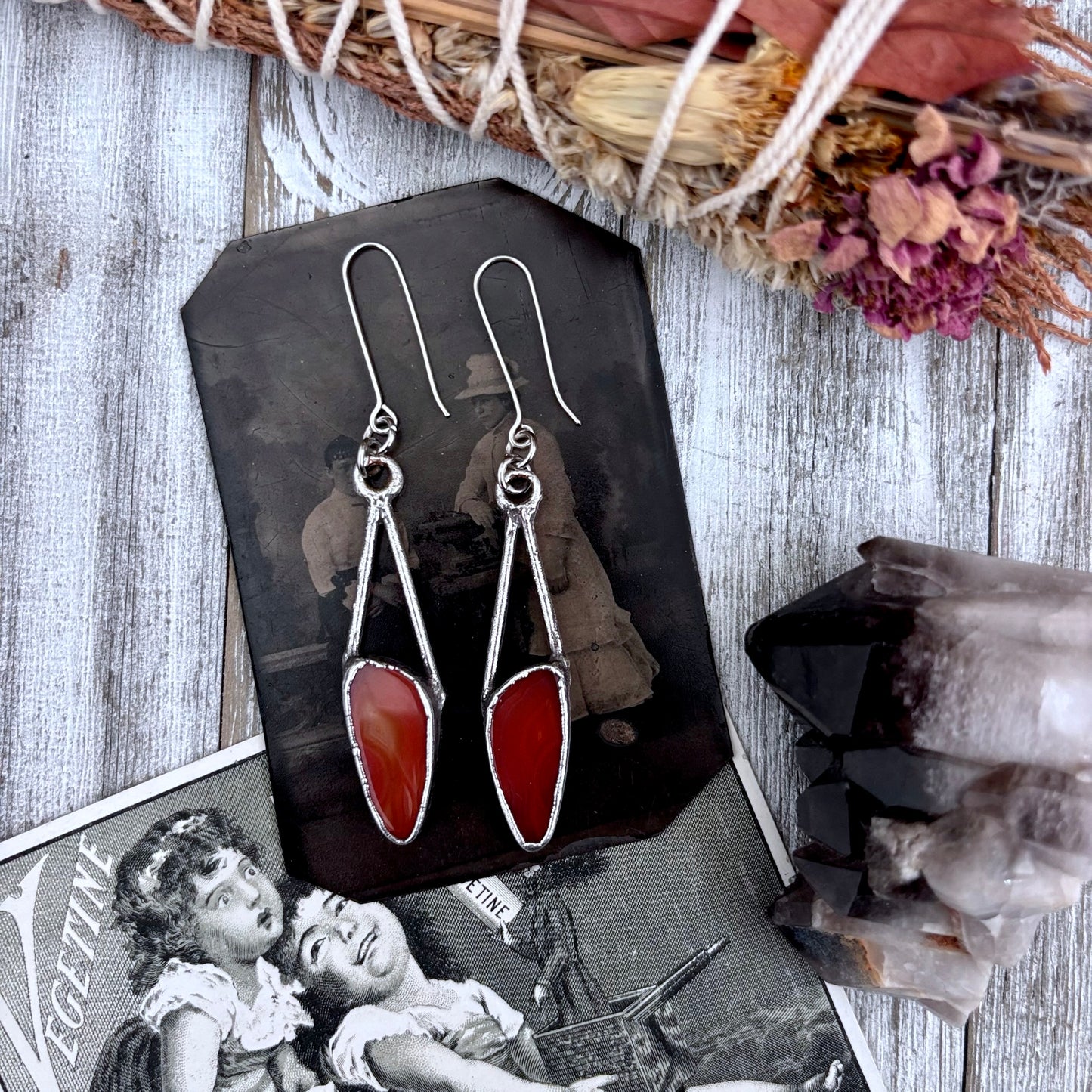 Red Agate Fine Silver Crystal Drop Earrings / Long Dangle Witchy Earrings