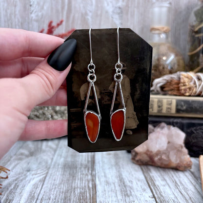 Red Agate Fine Silver Crystal Drop Earrings / Long Dangle Witchy Earrings