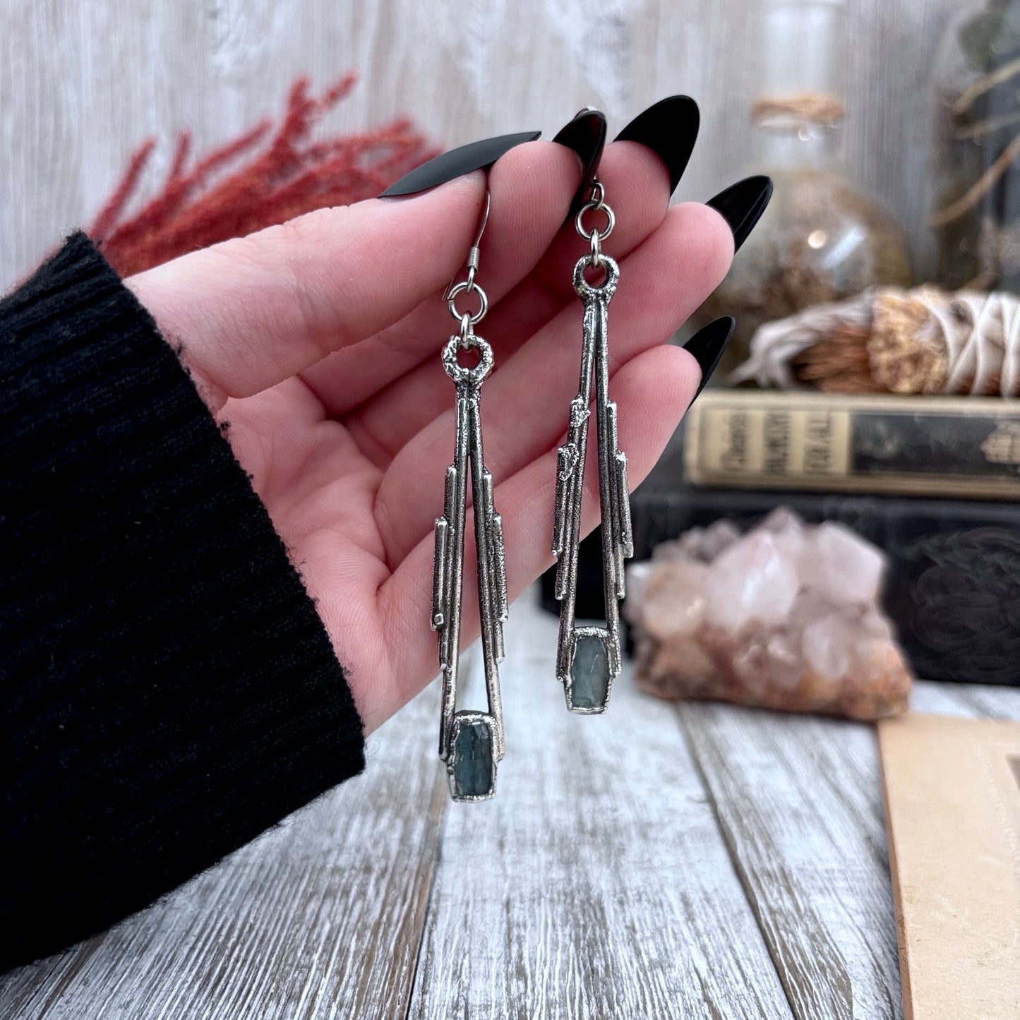 Blue Kyanite Fine Silver Crystal Drop Earrings / Long Dangle Witchy Earrings
