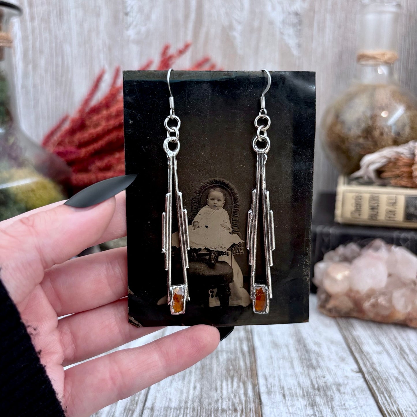 Orange Kyanite Fine Silver Crystal Drop Earrings / Long Dangle Witchy Earrings