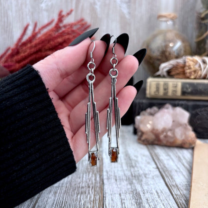 Orange Kyanite Fine Silver Crystal Drop Earrings / Long Dangle Witchy Earrings