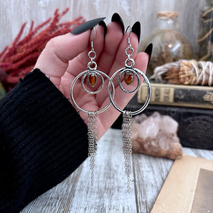 Orange Kyanite Hoop And Fringe Fine Silver Crystal Earrings / Long Dangle Witchy Earrings