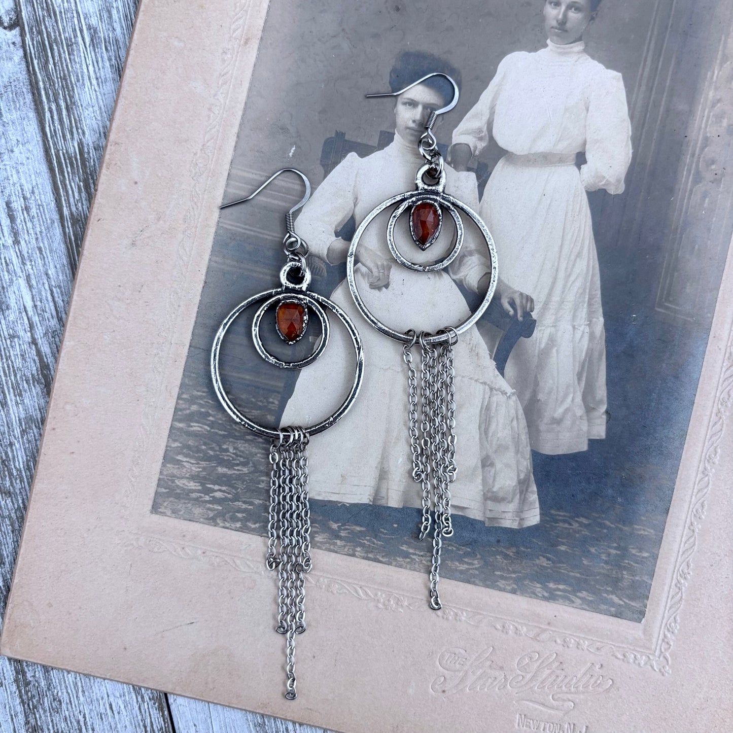 Orange Kyanite Hoop And Fringe Fine Silver Crystal Earrings / Long Dangle Witchy Earrings