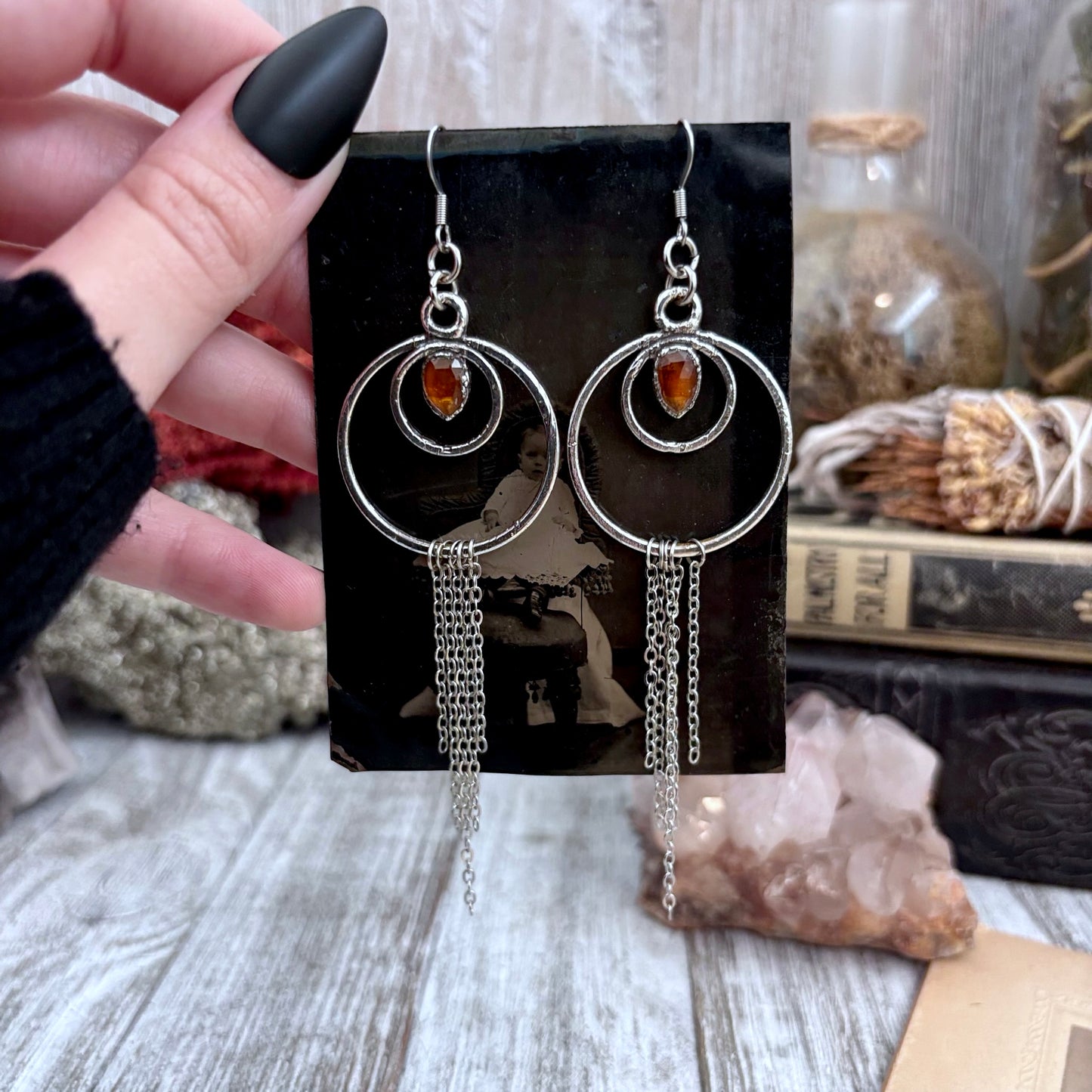 Orange Kyanite Hoop And Fringe Fine Silver Crystal Earrings / Long Dangle Witchy Earrings