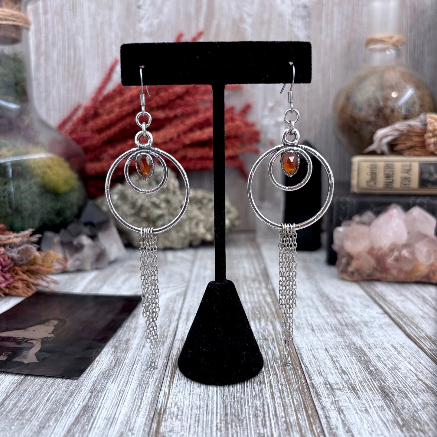 Orange Kyanite Hoop And Fringe Fine Silver Crystal Earrings / Long Dangle Witchy Earrings