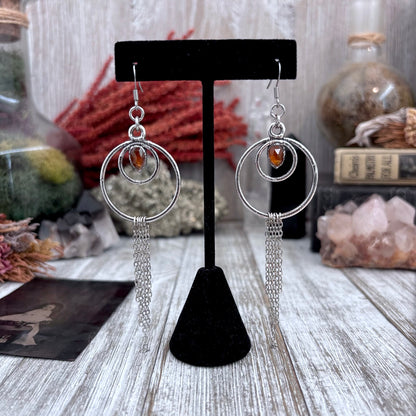 Orange Kyanite Hoop And Fringe Fine Silver Crystal Earrings / Long Dangle Witchy Earrings