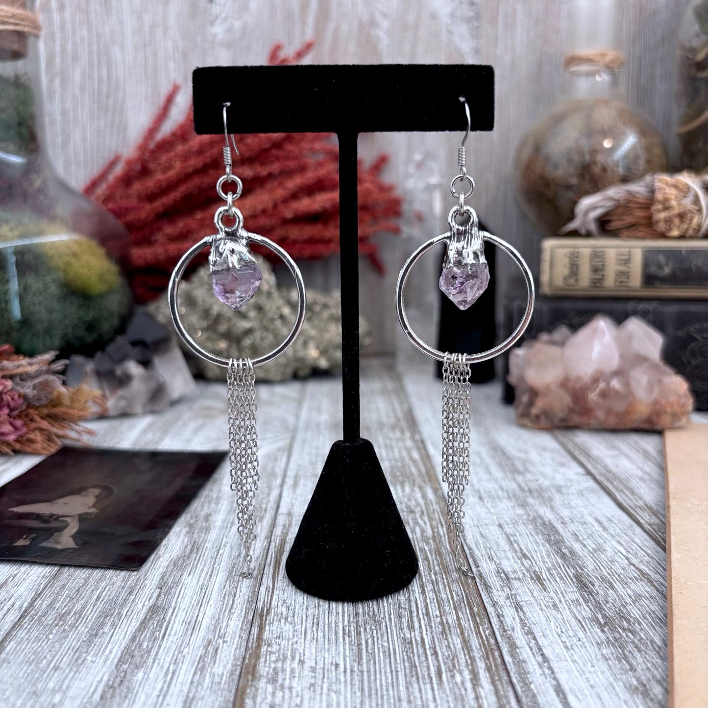 Raw Amethyst Hoop And Fringe Fine Silver Crystal Earrings / Long Dangle Witchy Earrings