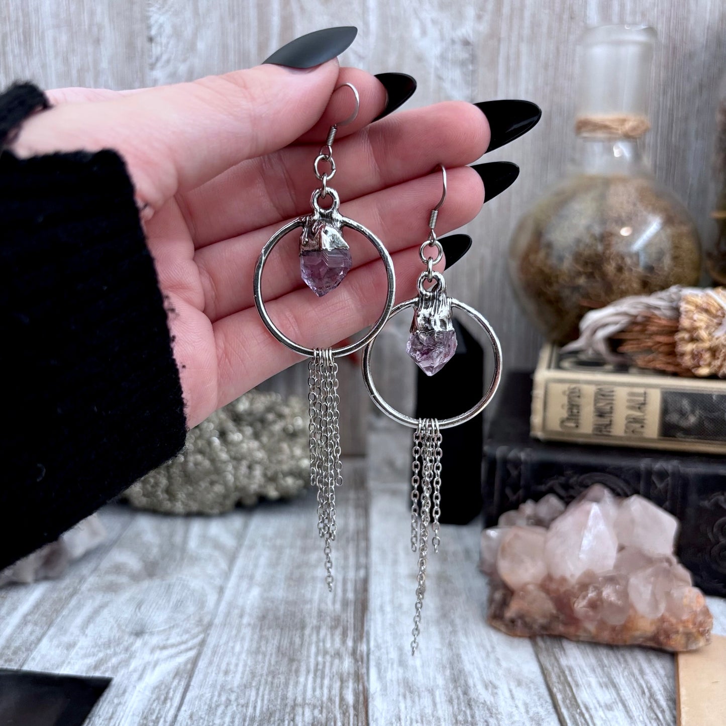 Raw Amethyst Hoop And Fringe Fine Silver Crystal Earrings / Long Dangle Witchy Earrings