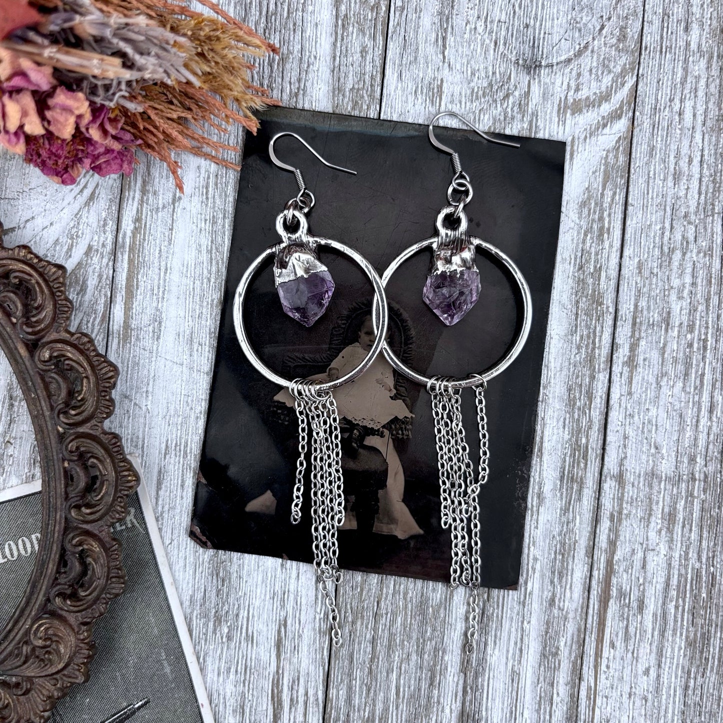 Raw Amethyst Hoop And Fringe Fine Silver Crystal Earrings / Long Dangle Witchy Earrings