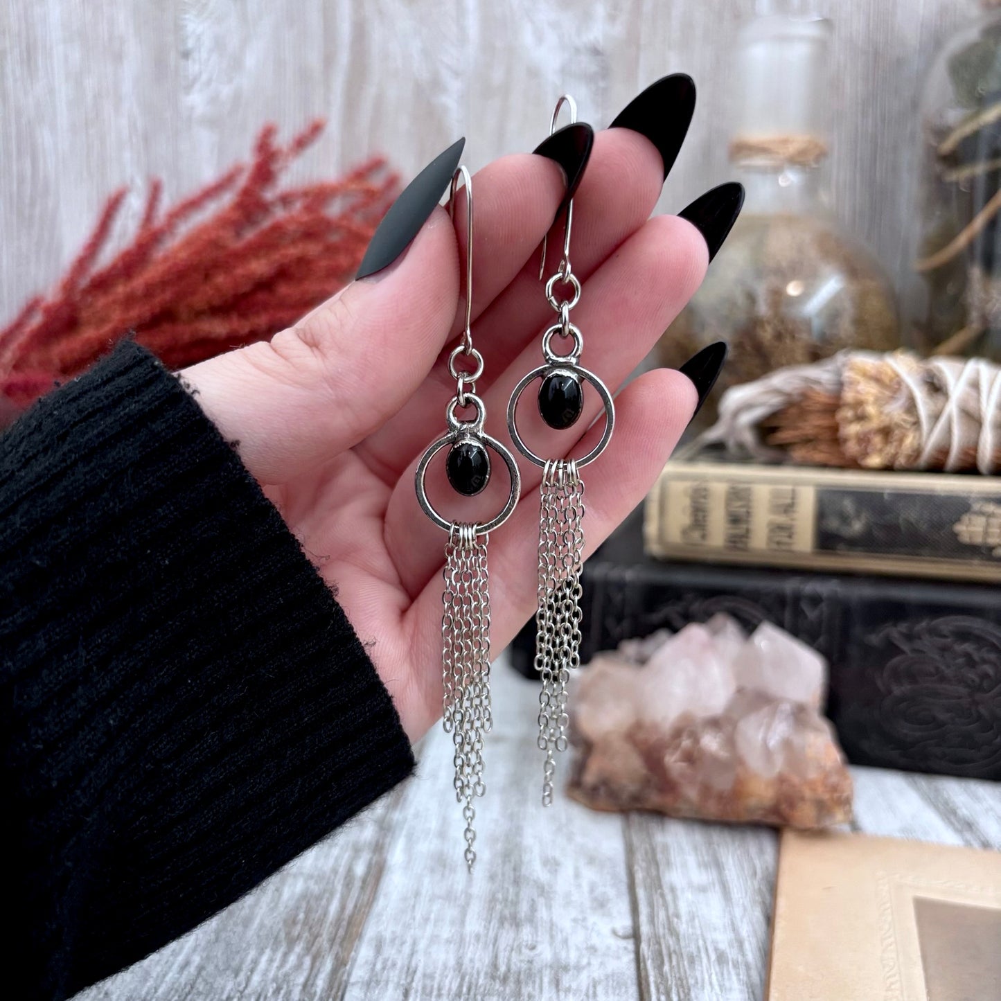 Black Onyx Hoop And Fringe Fine Silver Crystal Earrings / Long Dangle Witchy Earrings