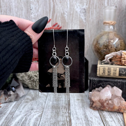 Black Onyx Hoop And Fringe Fine Silver Crystal Earrings / Long Dangle Witchy Earrings