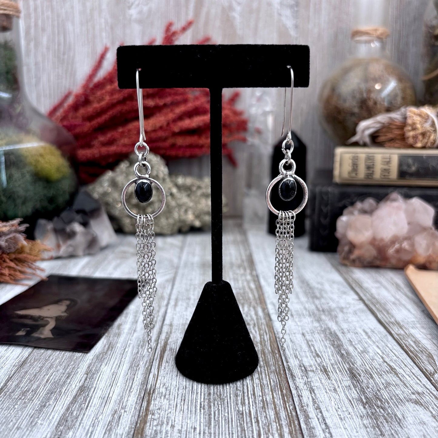 Black Onyx Hoop And Fringe Fine Silver Crystal Earrings / Long Dangle Witchy Earrings