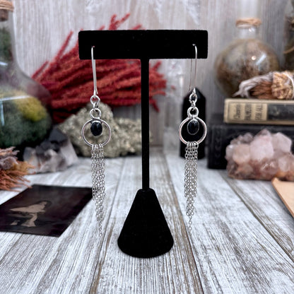 Black Onyx Hoop And Fringe Fine Silver Crystal Earrings / Long Dangle Witchy Earrings