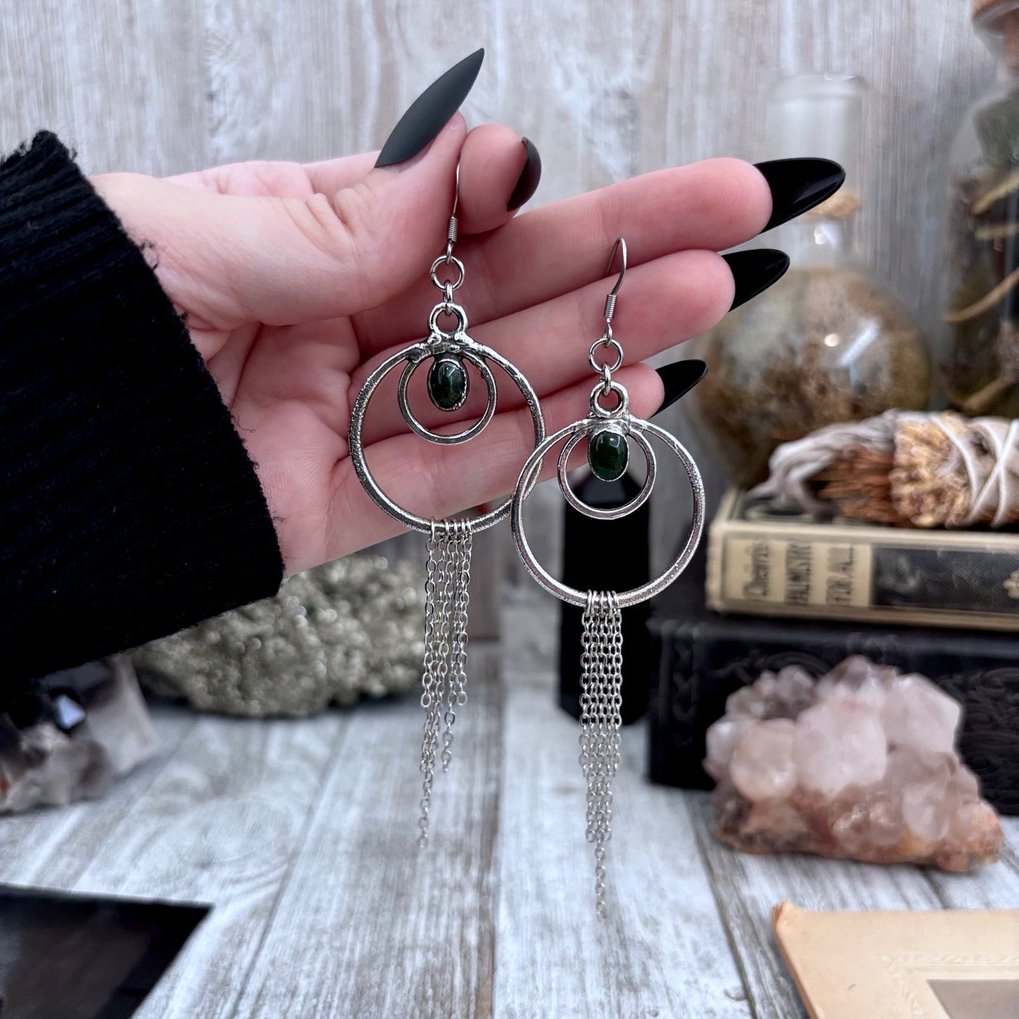 Moss Agate Hoop And Fringe Fine Silver Crystal Earrings / Long Dangle Witchy Earrings