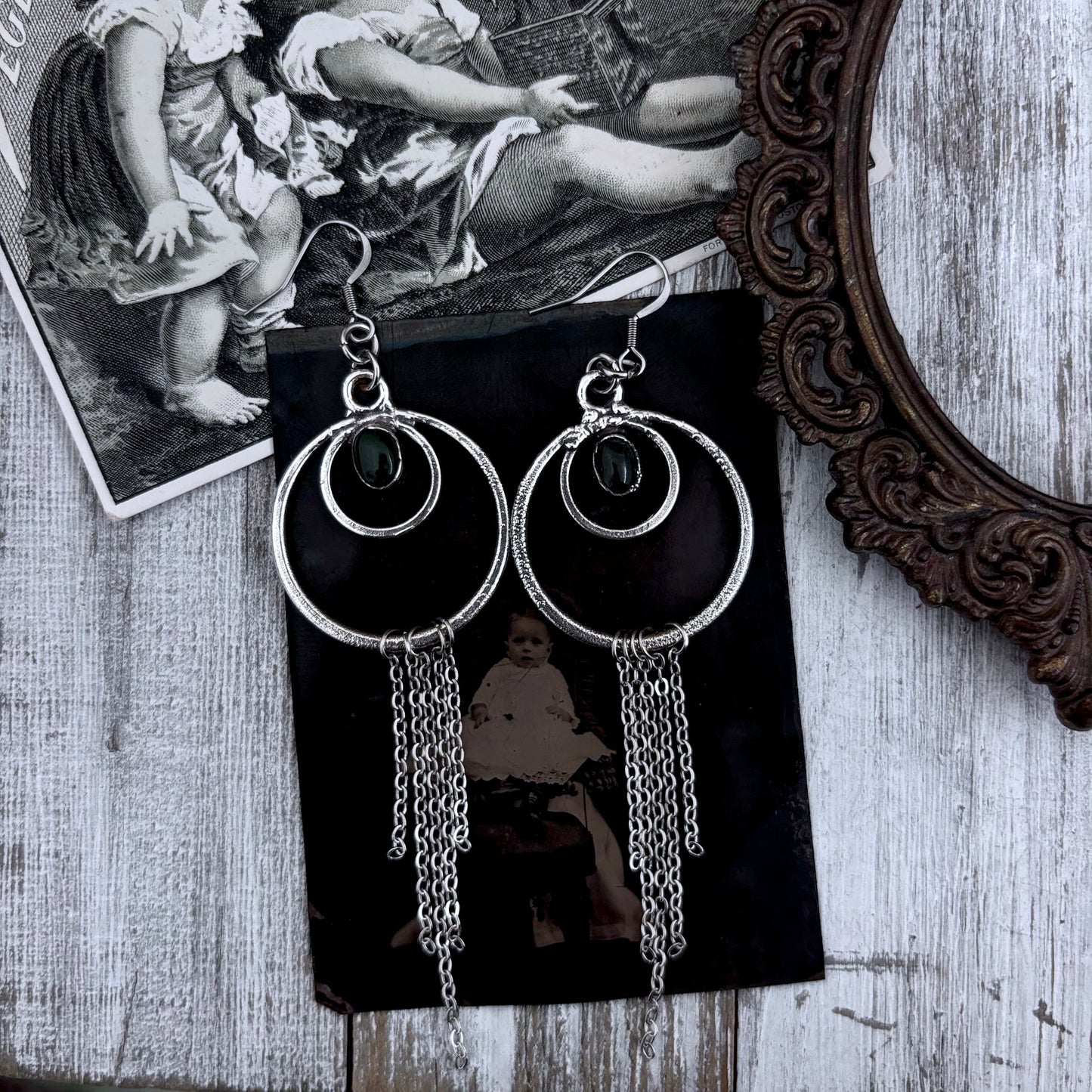 Moss Agate Hoop And Fringe Fine Silver Crystal Earrings / Long Dangle Witchy Earrings