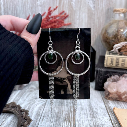 Moss Agate Hoop And Fringe Fine Silver Crystal Earrings / Long Dangle Witchy Earrings