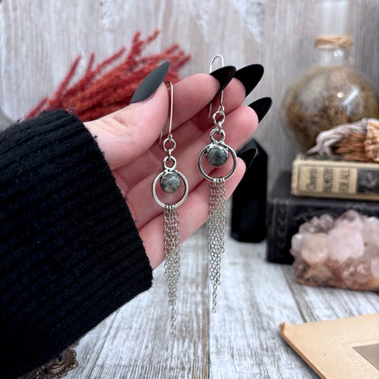 Moss Agate Hoop And Fringe Fine Silver Crystal Earrings / Long Dangle Witchy Earrings