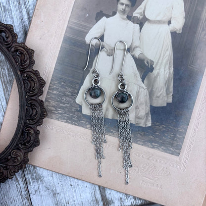 Moss Agate Hoop And Fringe Fine Silver Crystal Earrings / Long Dangle Witchy Earrings