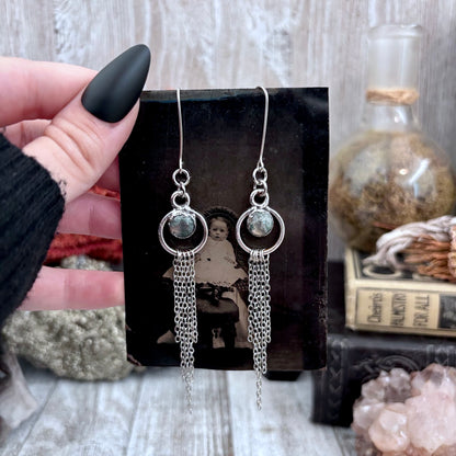 Moss Agate Hoop And Fringe Fine Silver Crystal Earrings / Long Dangle Witchy Earrings