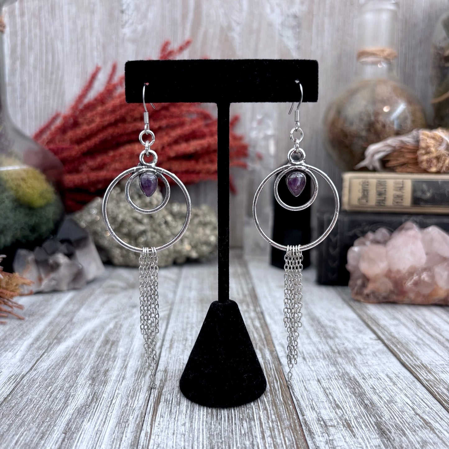 Amethyst Hoop And Fringe Fine Silver Crystal Earrings / Long Dangle Witchy Earrings