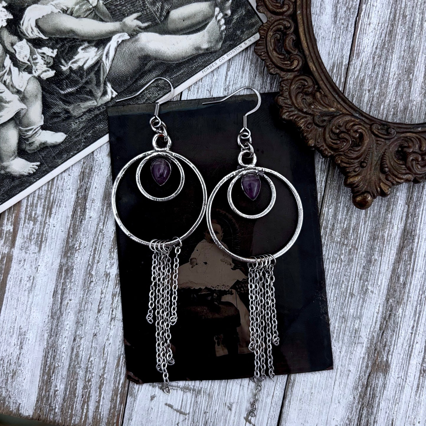Amethyst Hoop And Fringe Fine Silver Crystal Earrings / Long Dangle Witchy Earrings