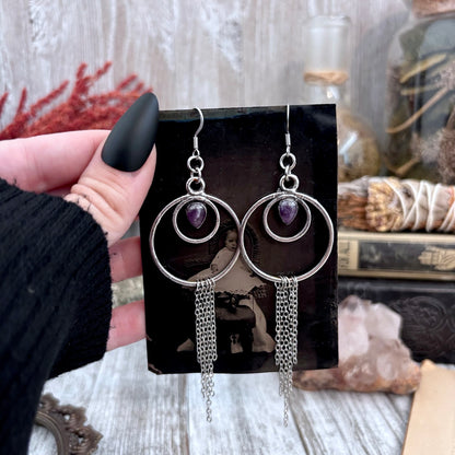 Amethyst Hoop And Fringe Fine Silver Crystal Earrings / Long Dangle Witchy Earrings