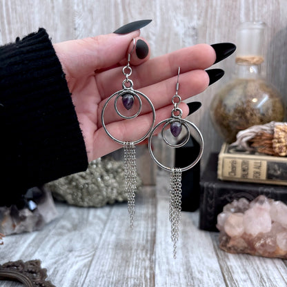 Amethyst Hoop And Fringe Fine Silver Crystal Earrings / Long Dangle Witchy Earrings