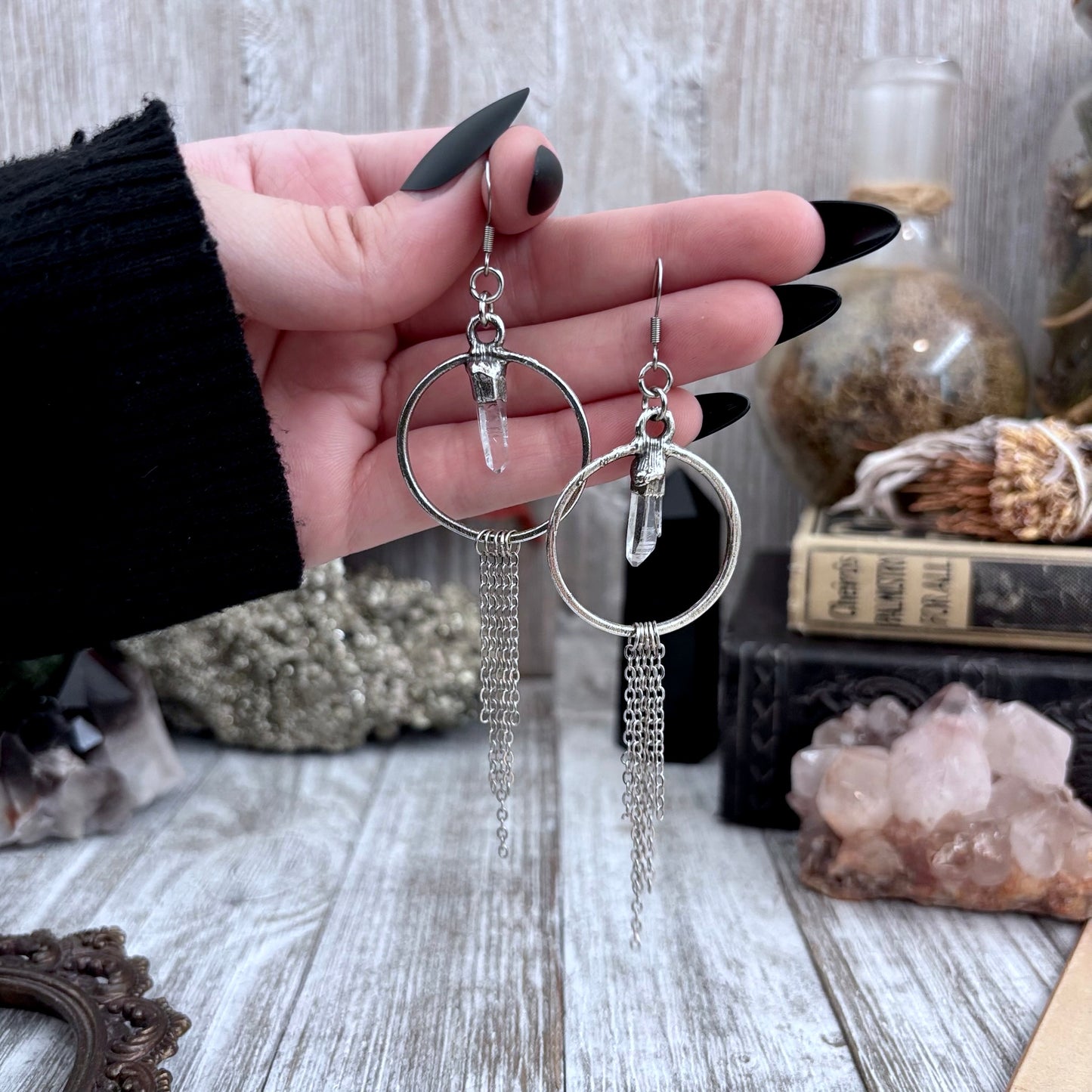 Raw Clear Quartz Hoop And Fringe Silver Crystal Earrings / Long Dangle Witchy Earrings