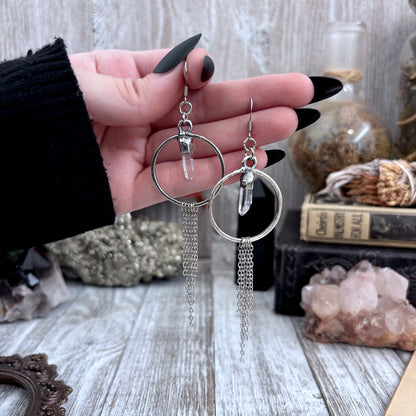 Raw Clear Quartz Hoop And Fringe Silver Crystal Earrings / Long Dangle Witchy Earrings