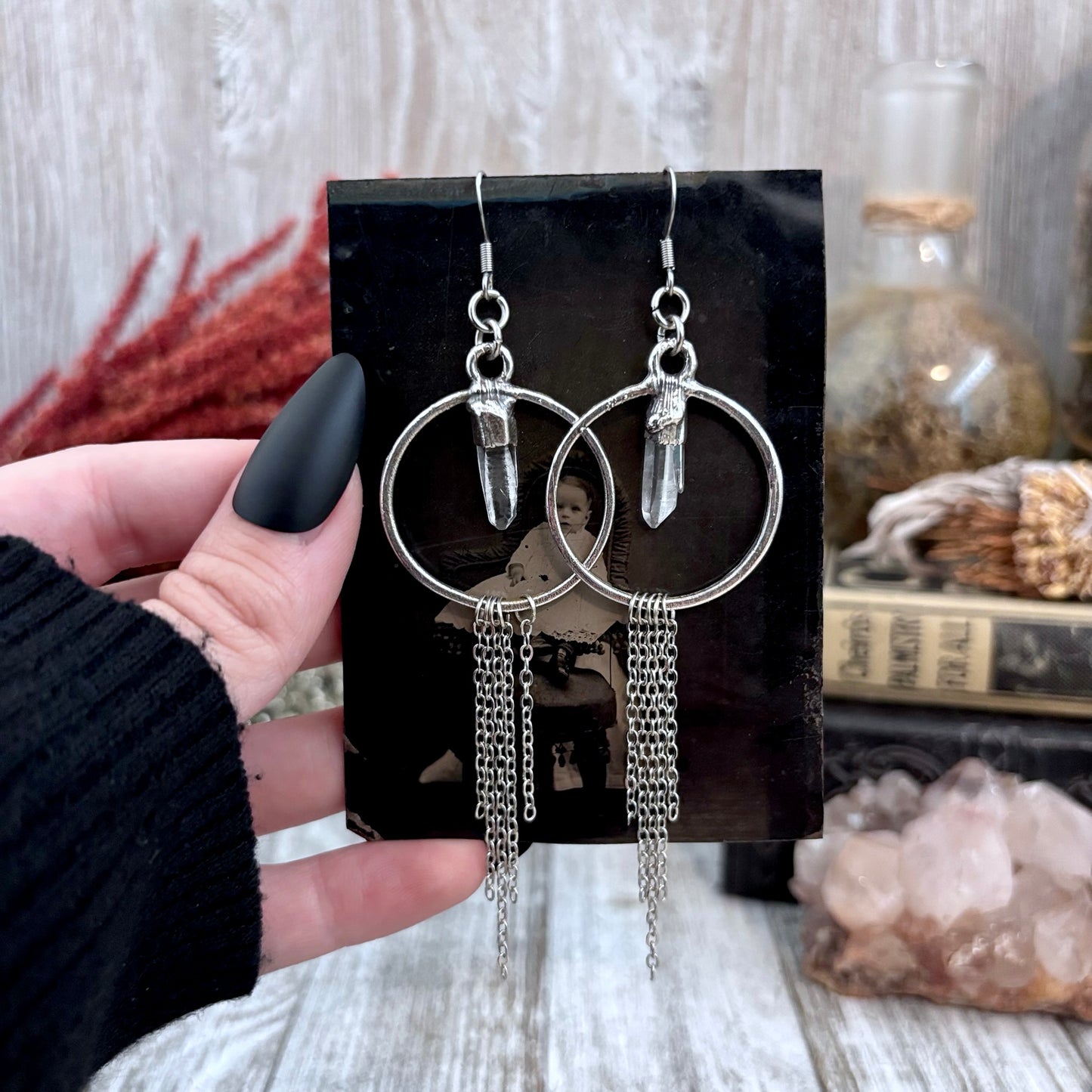 Raw Clear Quartz Hoop And Fringe Silver Crystal Earrings / Long Dangle Witchy Earrings