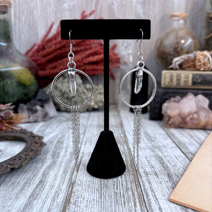 Raw Clear Quartz Hoop And Fringe Silver Crystal Earrings / Long Dangle Witchy Earrings