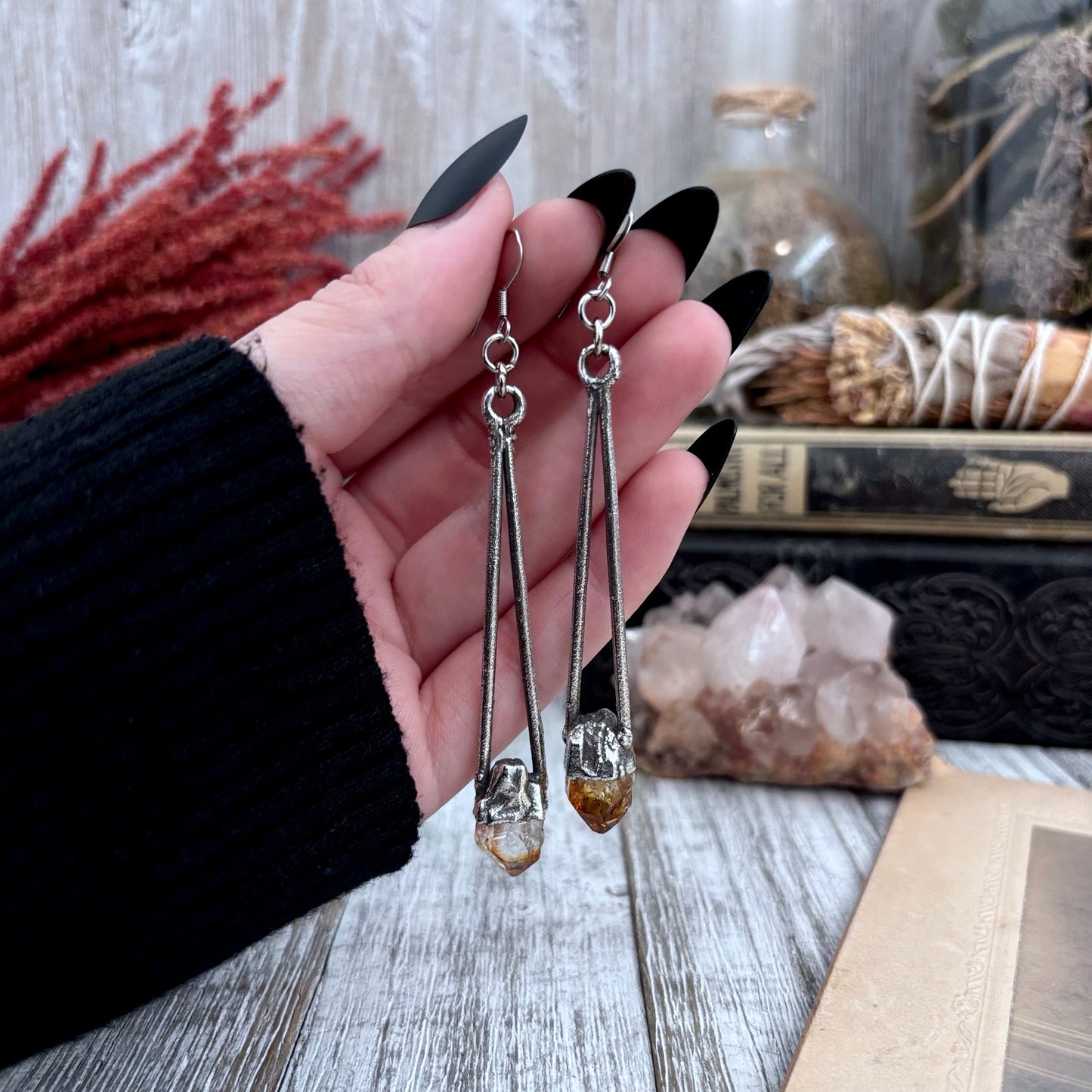 Raw Citrine Fine Silver Crystal Drop Earrings / Long Dangle Witchy Earrings