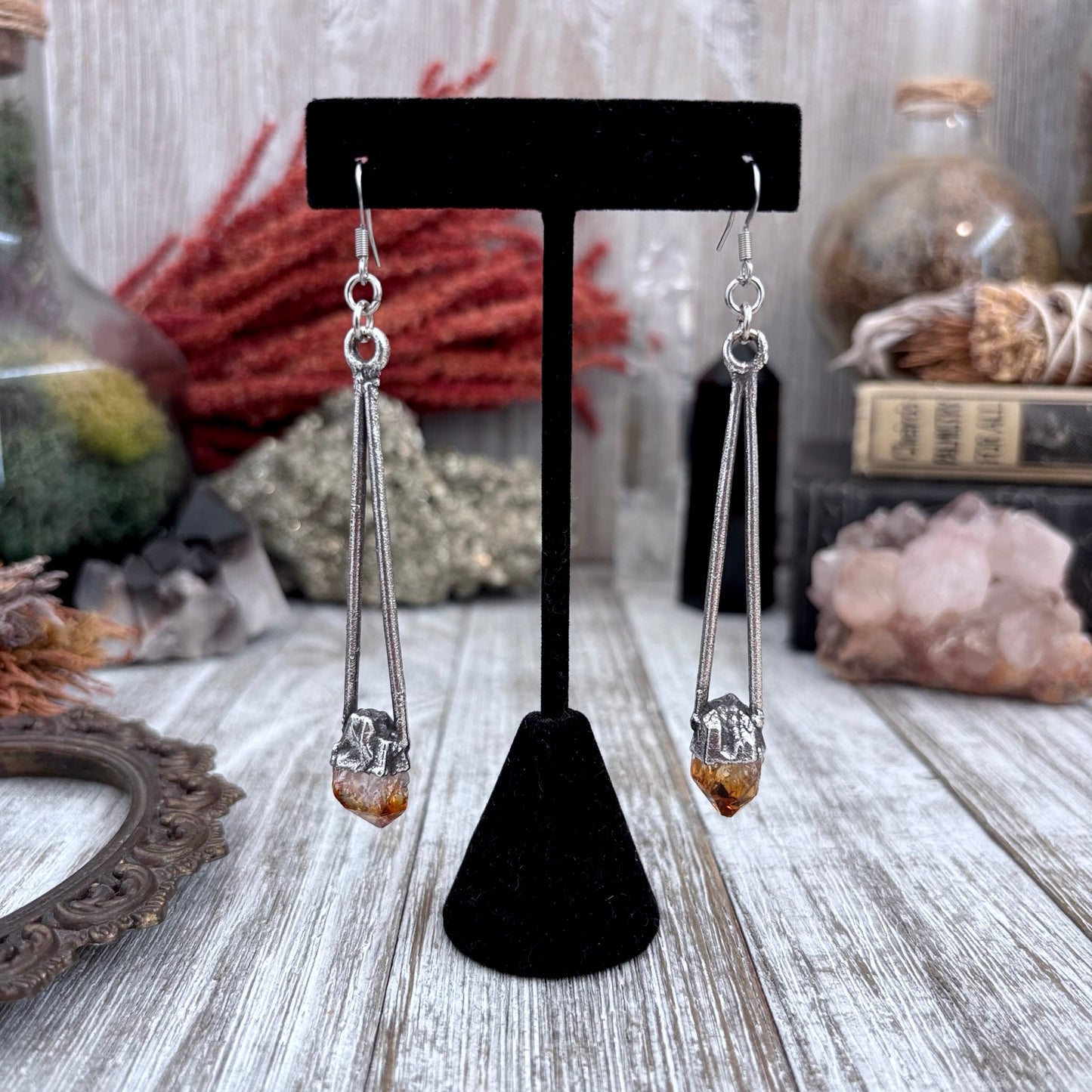 Raw Citrine Fine Silver Crystal Drop Earrings / Long Dangle Witchy Earrings