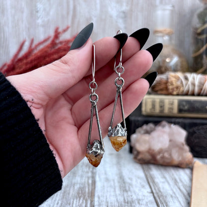Raw Citrine Fine Silver Crystal Drop Earrings / Long Dangle Witchy Earrings