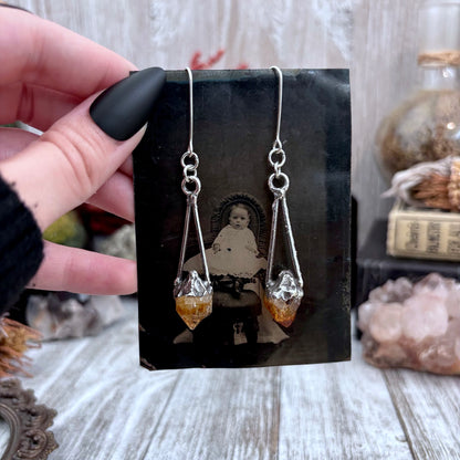 Raw Citrine Fine Silver Crystal Drop Earrings / Long Dangle Witchy Earrings