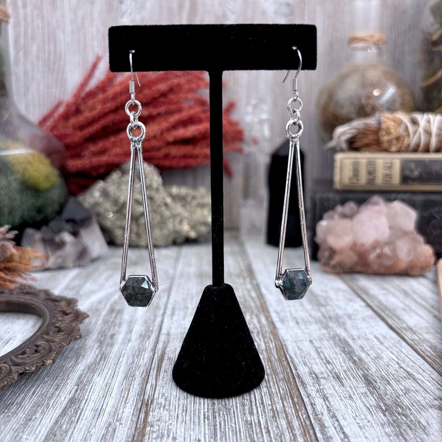 Moss Agate Fine Silver Crystal Drop Earrings / Long Dangle Witchy Earrings