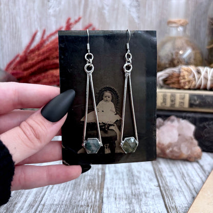 Moss Agate Fine Silver Crystal Drop Earrings / Long Dangle Witchy Earrings