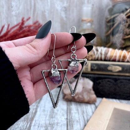 Raw Amethyst Triangle Fine Silver Crystal Earrings / Long Dangle Witchy Earrings
