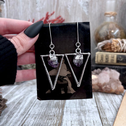 Raw Amethyst Triangle Fine Silver Crystal Earrings / Long Dangle Witchy Earrings