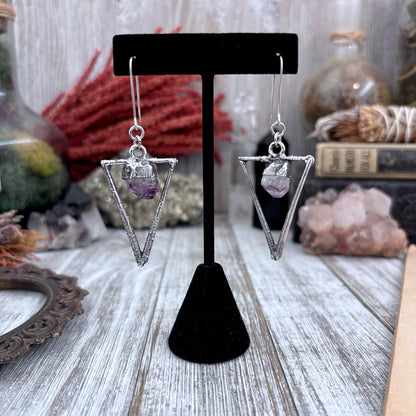 Raw Amethyst Triangle Fine Silver Crystal Earrings / Long Dangle Witchy Earrings
