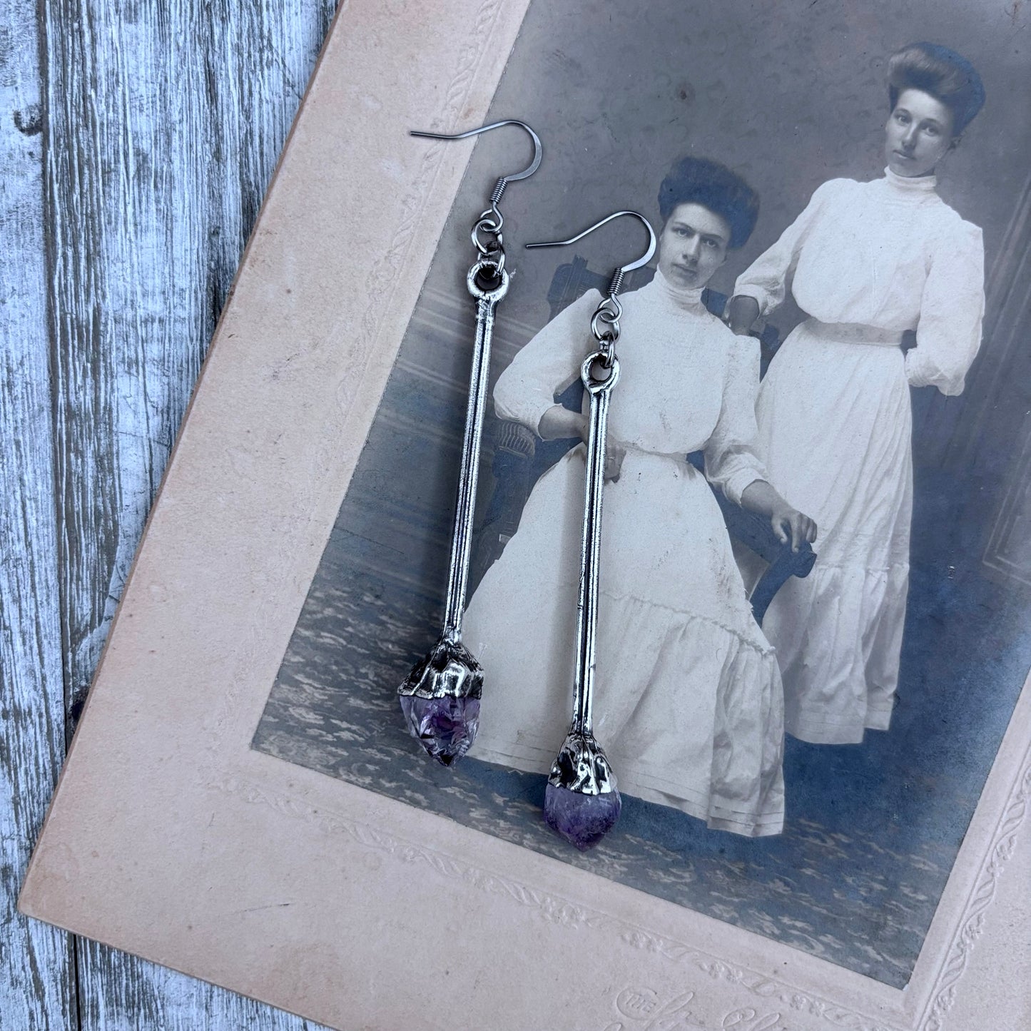 Raw Amethyst Fine Silver Crystal Drop Earrings / Long Dangle Witchy Earrings