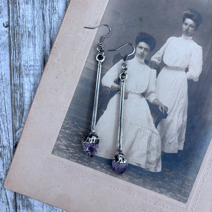 Raw Amethyst Fine Silver Crystal Drop Earrings / Long Dangle Witchy Earrings