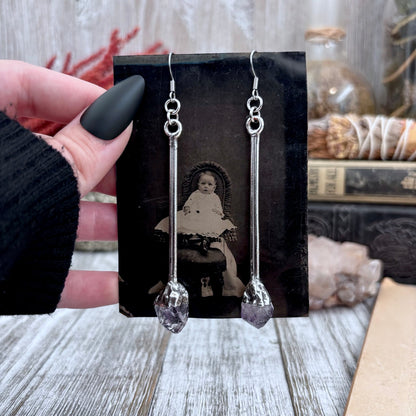 Raw Amethyst Fine Silver Crystal Drop Earrings / Long Dangle Witchy Earrings