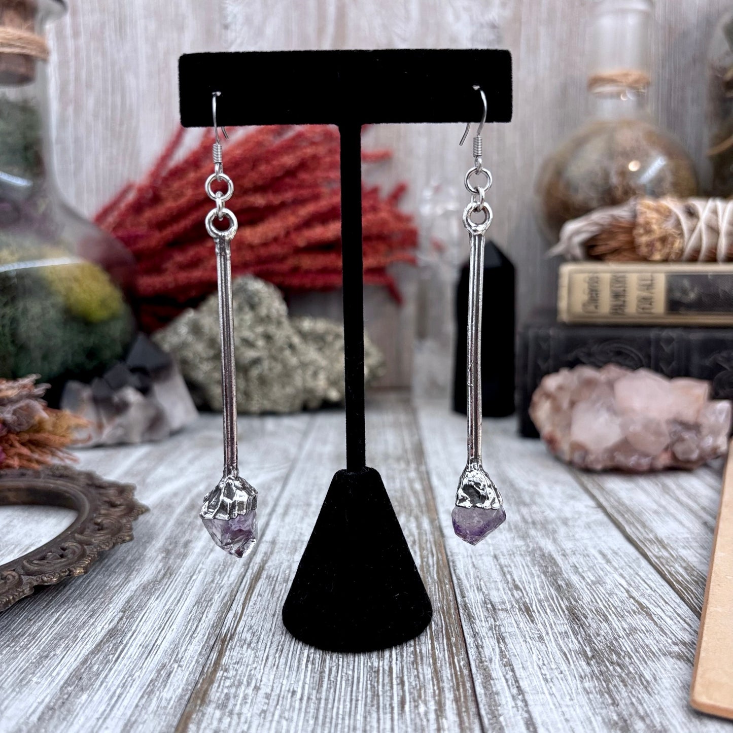Raw Amethyst Fine Silver Crystal Drop Earrings / Long Dangle Witchy Earrings