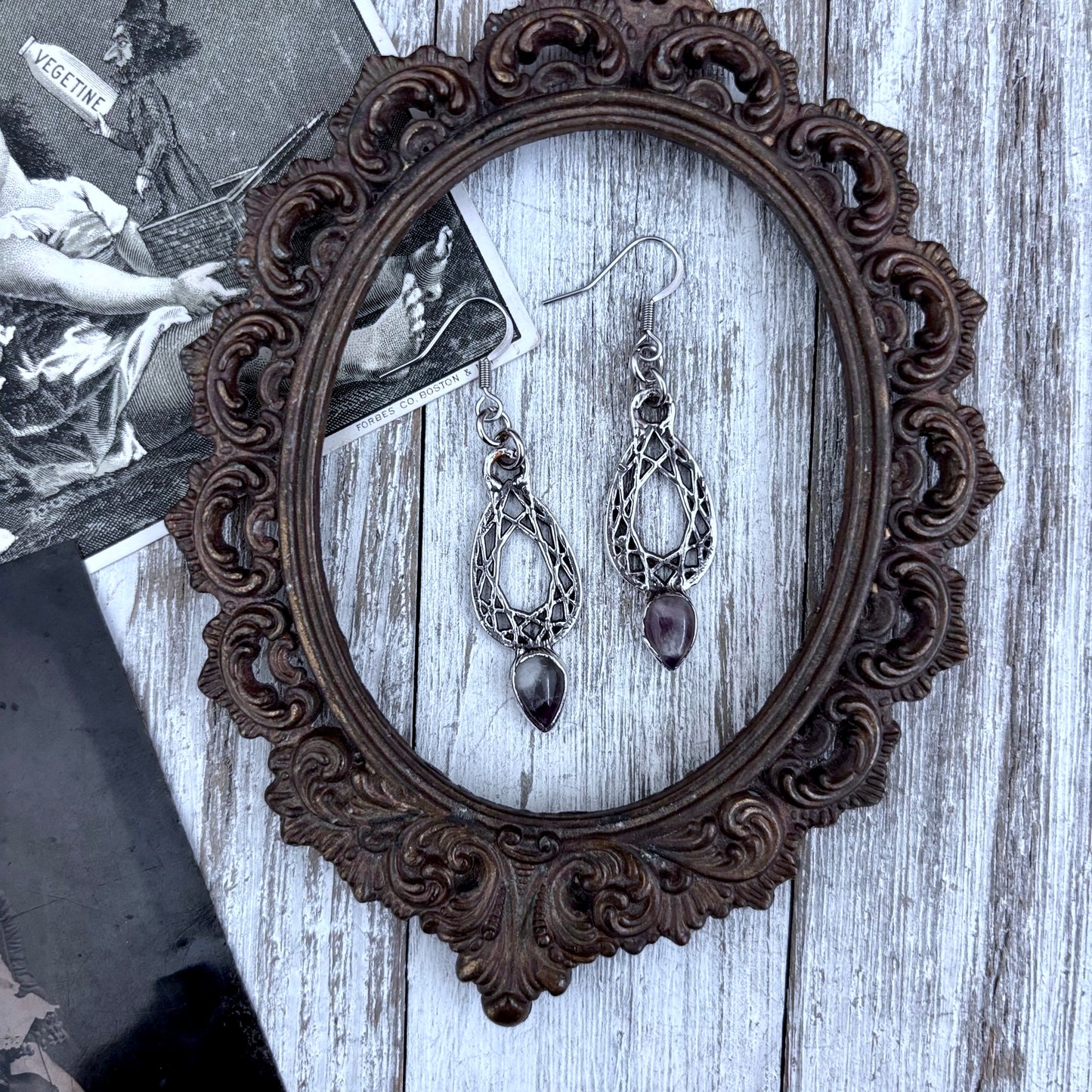 Amethyst Fine Silver Crystal Drop Earrings / Long Dangle Witchy Earrings