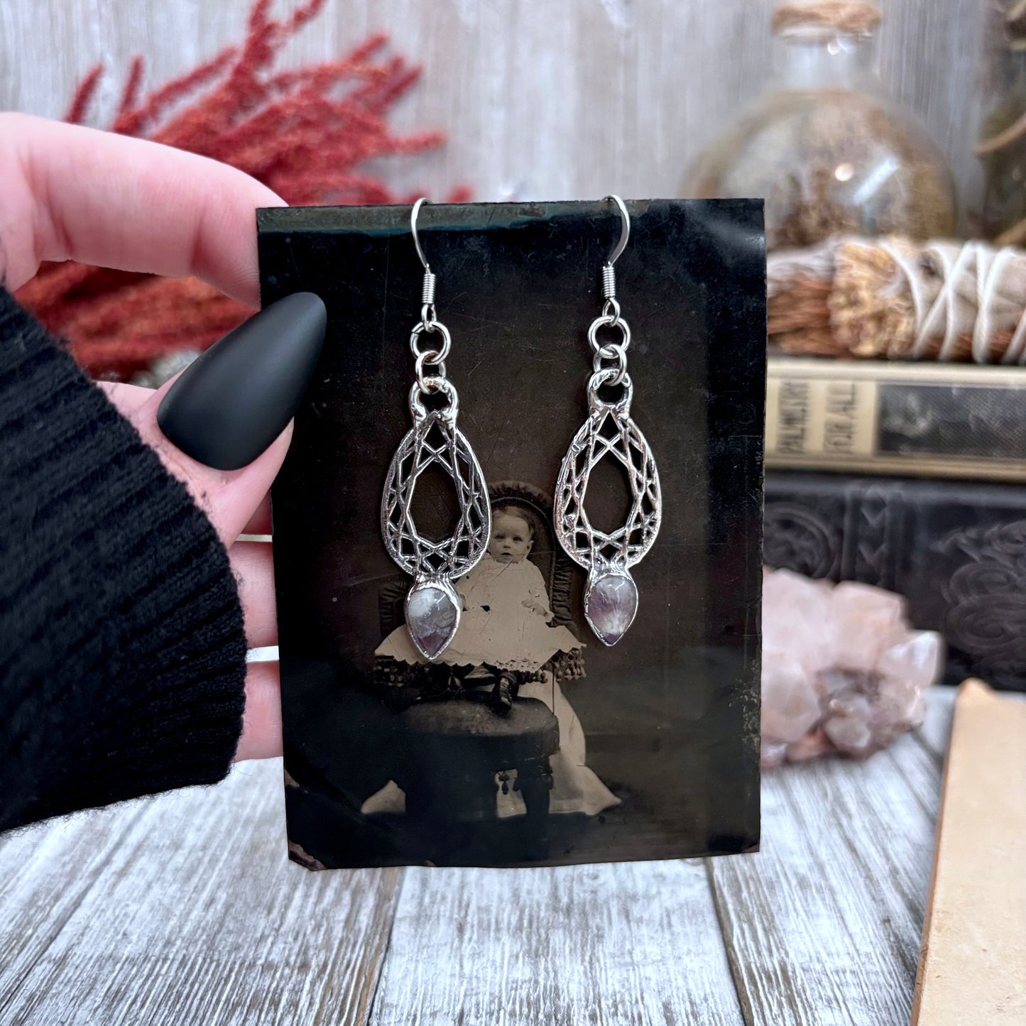 Amethyst Fine Silver Crystal Drop Earrings / Long Dangle Witchy Earrings