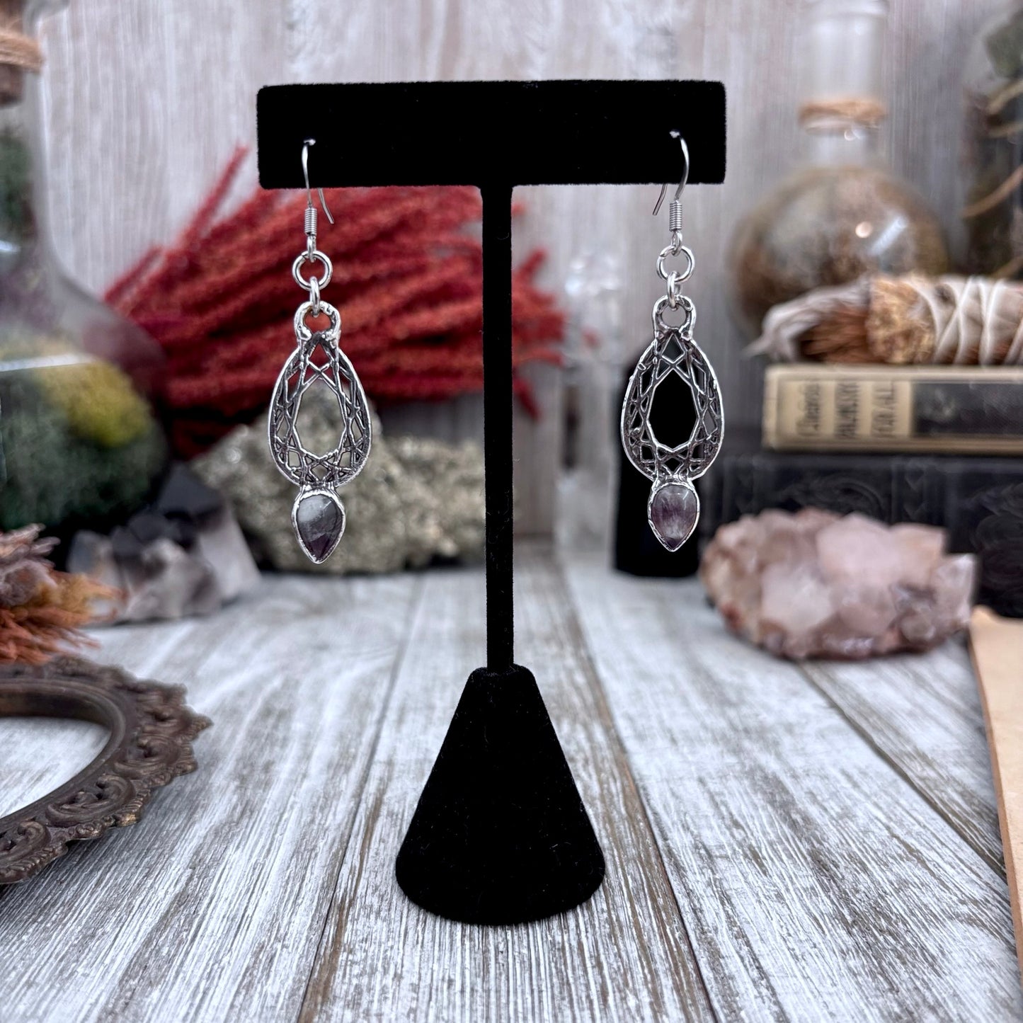 Amethyst Fine Silver Crystal Drop Earrings / Long Dangle Witchy Earrings