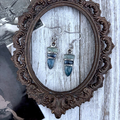 Multistone Blue Kyanite Fine Silver Crystal Earrings / Long Dangle Witchy Earrings